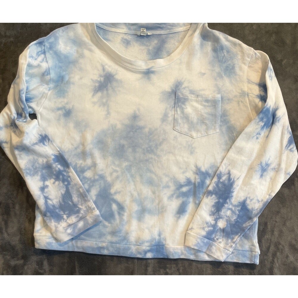POL Blue & White Tie Dye Sweatshirt L 100% Cotton Boho Waist Length